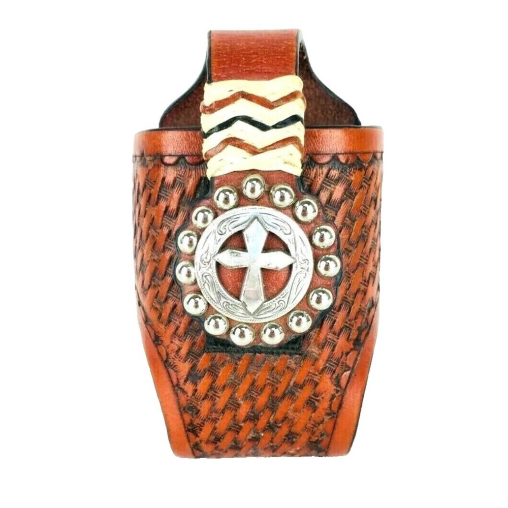VTG Western Cowboy Woven Leather Studded Cross Cigarette Case Flip Phone Holder